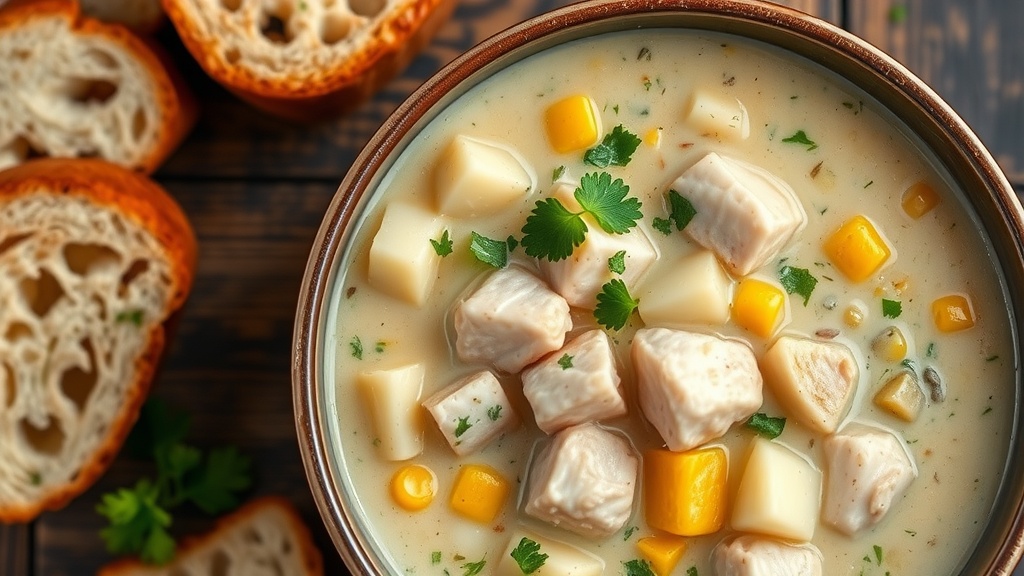 Creamy Fish Chowder Recipe A bowl of creamy fish chowder with fish, potatoes, and corn, garnished with parsley on a rustic table with bread.